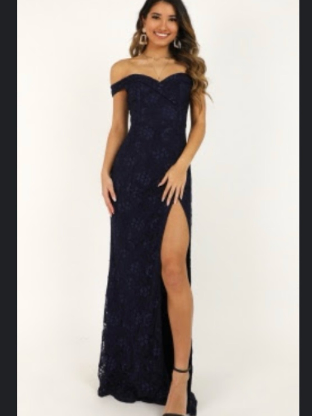 Showpo Navy Off-Shoulder Lace Gown with High Side Slit